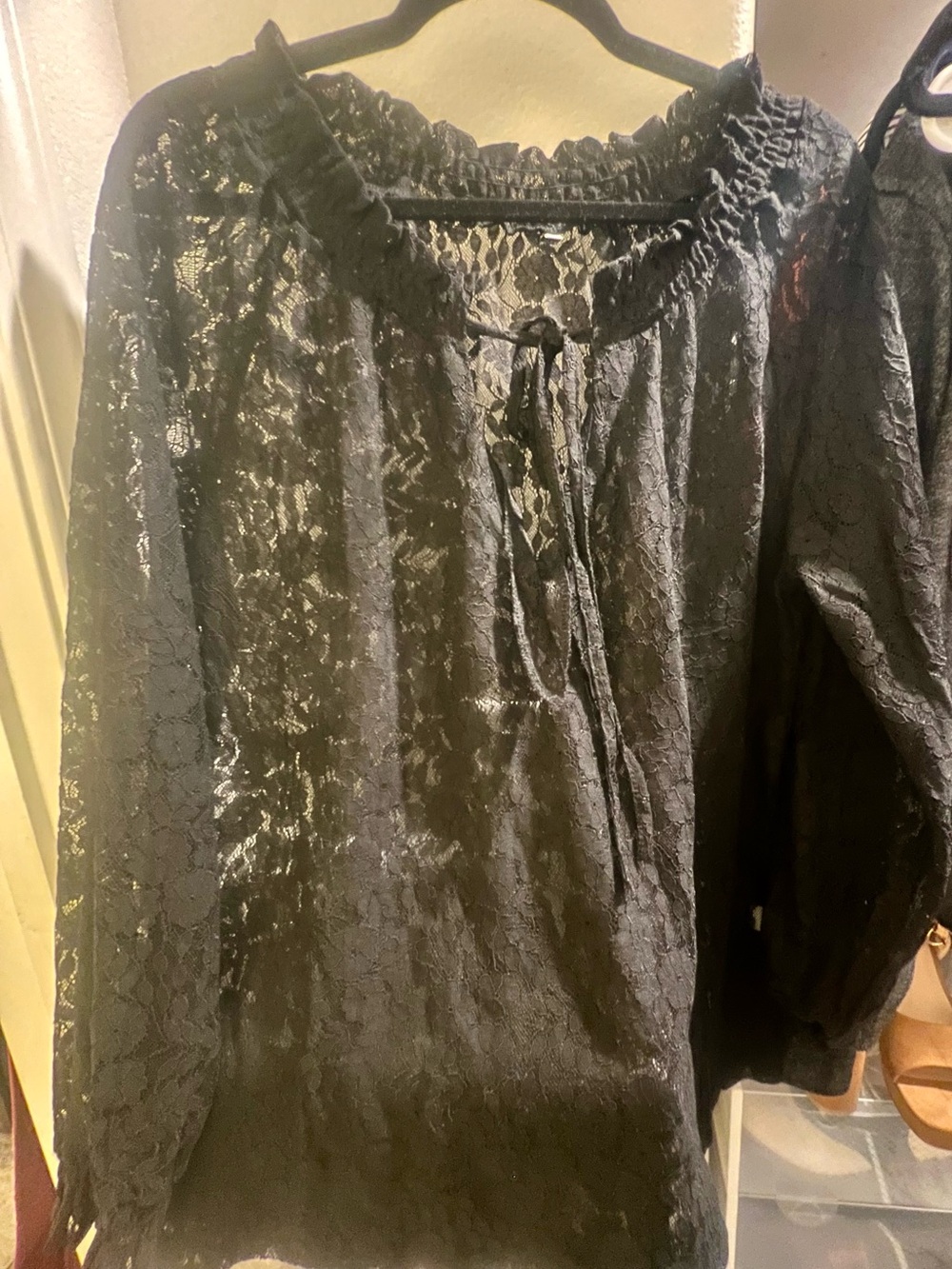 Black Lace Peasant Blouse with Tie Neck - Women